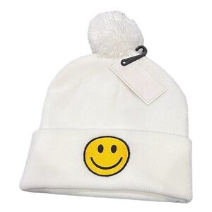 NWT White Pom Yellow Smiley Beanie
